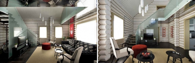 Стекло в интерьере дома из бревна