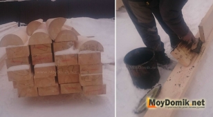 Брус и половинки бревен (стёсанные наполовину) для окладного венца и обработка древесины