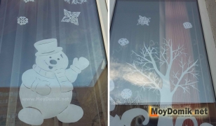 Как украсить окна на Новый год - снежинки, дерево и снеговик из бумаги